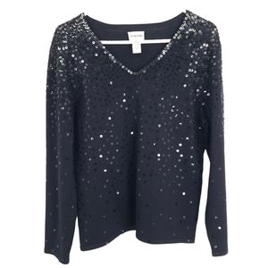 Chico's Silk Blend Black Sequin Crew Neck Sweater Size 2 aka Size Large